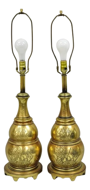 Vintage Chinoiserie Brass Stacked Beehive Table Lamps With Floral Etching - Pair