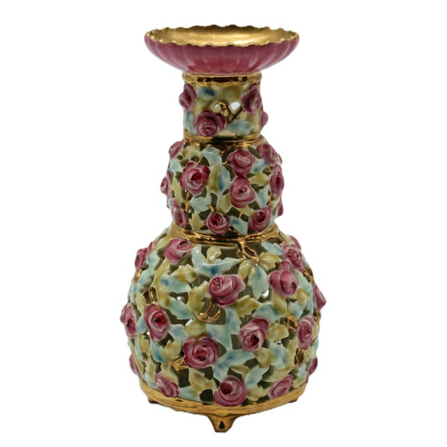 Traditional Zsolnay Pécs Applied Rose Reticulated Vase With Gilt, C. 1895–1915 For Sale - Image 3 of 9