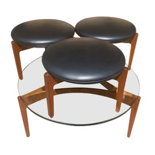 Vintage Glass Top Coffee Table & Stools by Sven Ellekaer for Christian Linneberg, Set of 4 For Sale