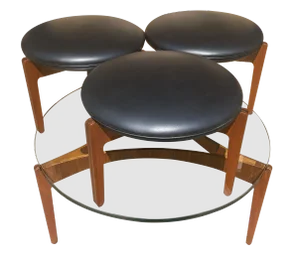 Vintage Glass Top Coffee Table & Stools by Sven Ellekaer for Christian Linneberg, Set of 4
