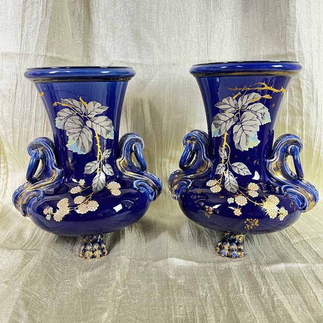 Late 19th Century Pair Victorian Cobalt Blue Jardinière Vases W/ Ring Handles & Paw Feet For Sale - Image 15 of 15