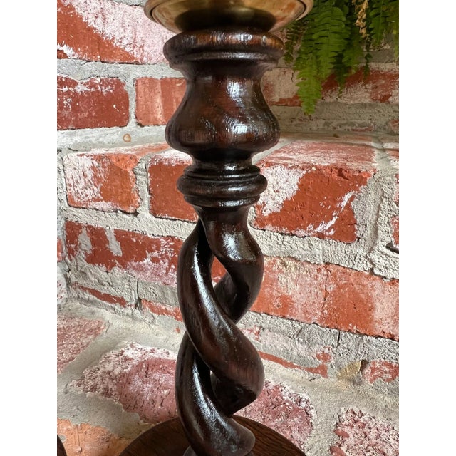 Brown Pair Set Antique English Oak Open Barley Twist Candlesticks Candle Holder Brass For Sale - Image 8 of 12