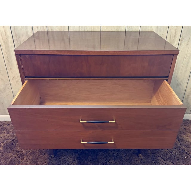 Vintage Mid-Century Modern Walnut 3-Drawer Lowboy Dresser With Brass-Capped Legs and Stylish Black-Gold Handles For Sale - Image 16 of 16