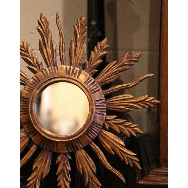 Mid-Century French Carved Giltwood Painted Wall Sunburst Mirror For Sale - Image 4 of 8