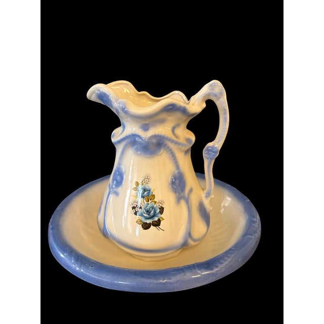 Early 20th Century Blue & Ivory Ceramic Wash Basin and Pitcher Set For Sale - Image 4 of 12