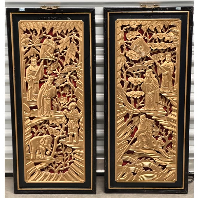 Early 20th Century Chinese Gilded Hand-Carved Wood Lacquer Scholars Relief Wall Decor Panel Set For Sale - Image 4 of 8