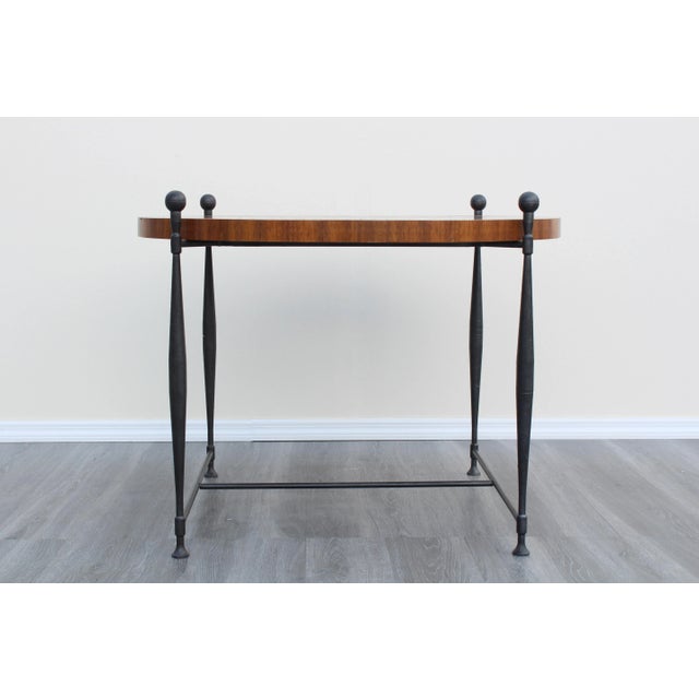 Wood Late 20th Century Frederick Duckloe Wood Top Wrought Iron Side Table For Sale - Image 7 of 8