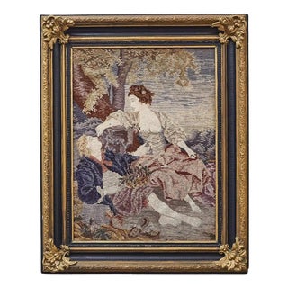 Hand-Woven Tapestry with Romantic Scene in Gilded Frame For Sale