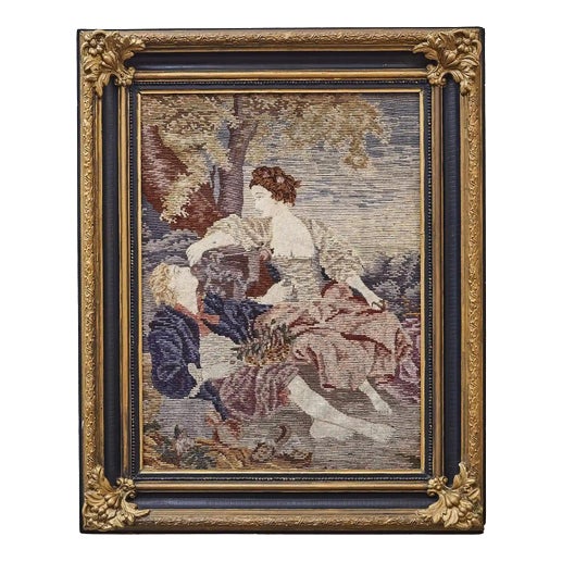 Hand-Woven Tapestry with Romantic Scene in Gilded Frame For Sale