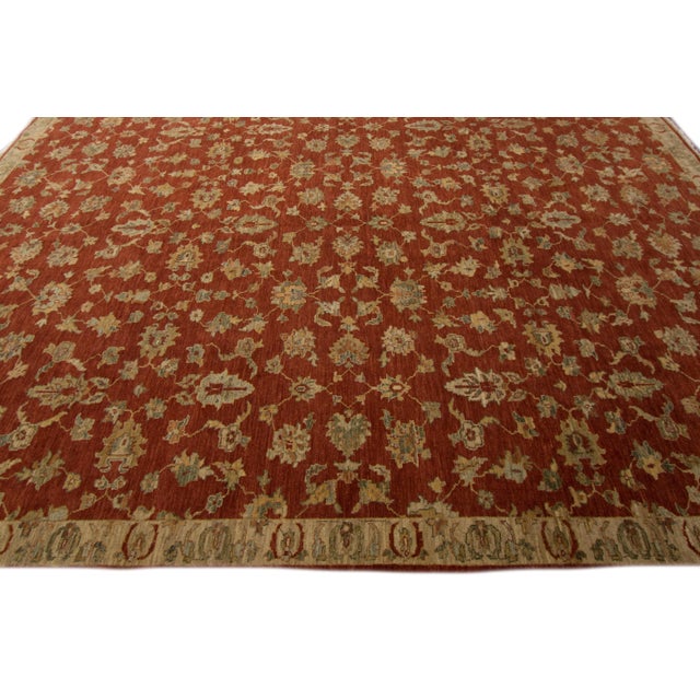 Textile Contemporary Indian Handmade Burnt Orange Floral Wool Rug For Sale - Image 7 of 10