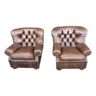 1960s Tufted Leather Churchill Lounge Chairs With Nailhead Trim & Rich Patina - A Pair For Sale