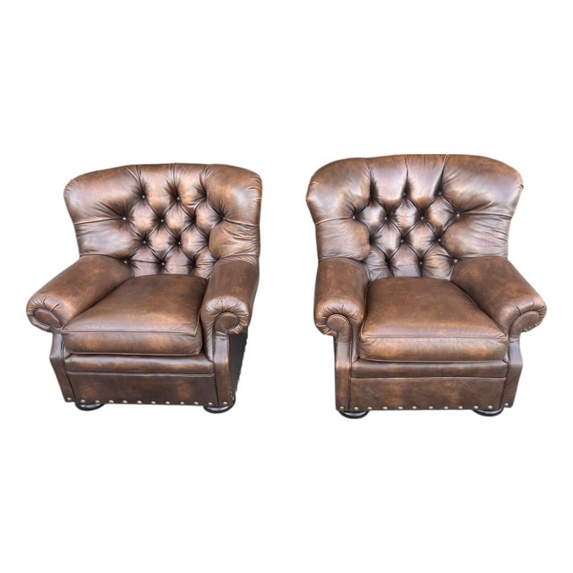 1960s Tufted Leather Churchill Lounge Chairs With Nailhead Trim & Rich Patina - A Pair For Sale