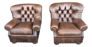 1960s Tufted Leather Churchill Lounge Chairs With Nailhead Trim & Rich Patina - A Pair