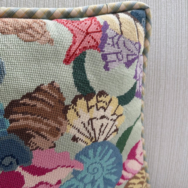Late 20th Century Vintage Needlepoint Seashell and Starfish Decorative Pillow For Sale - Image 5 of 11