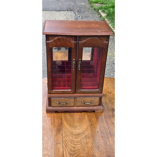 Vintage Wooden Jewelry Armoire With Etched Glass Doors & Red Velvet Lined Interior For Sale - Image 15 of 16
