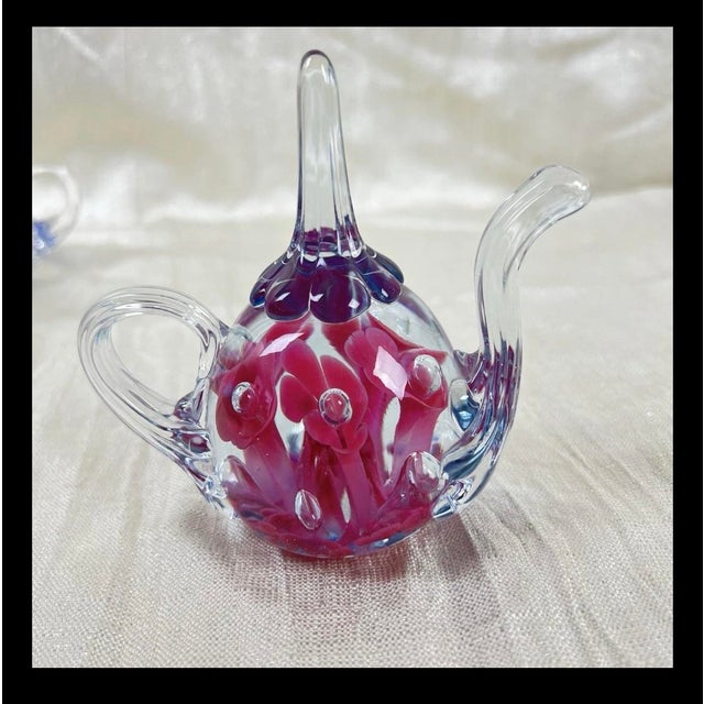 St Clair Art Glass Teapot Sculpture Pink Floral Blue Cased Glass Rare For Sale - Image 9 of 9