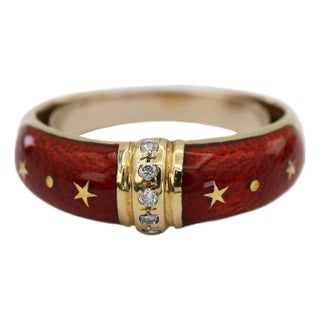 Vintage Faberge 18k (750) Solid Yellow Gold Red Enamel Diamond Ring, Size 7.5 For Sale