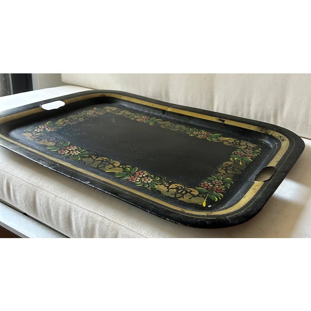 Antique Folk Art Black and Gold Tole Metal Tray For Sale - Image 9 of 11