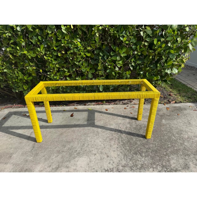 Yellow Vintage Organic Modern Wrapped Rattan Console Table With Two Matching Stools For Sale - Image 8 of 11