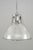 Industrial style pendant light with a chrome finished steel frame and Holophane clear glass shade. This requires one...