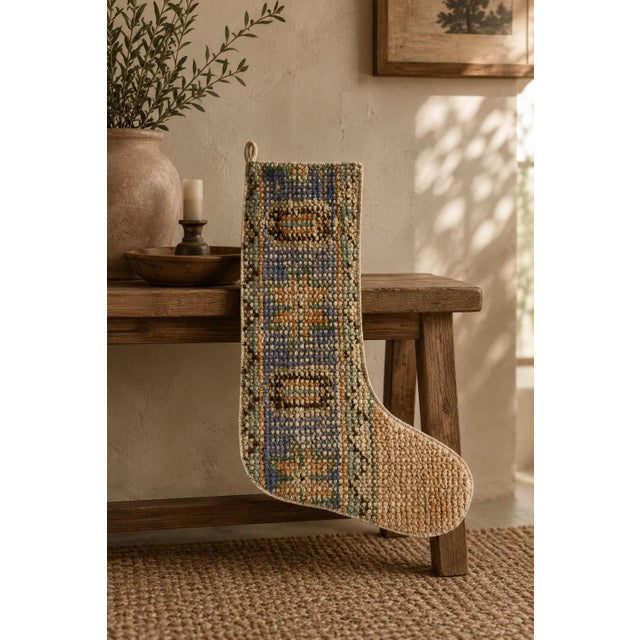 2020s Rare Blue Striped Vintage Kilim Christmas Stocking, Wool With Rust Trim, 12.2 X 17.7 in – One of a Kind Boho Decor For Sale - Image 5 of 7