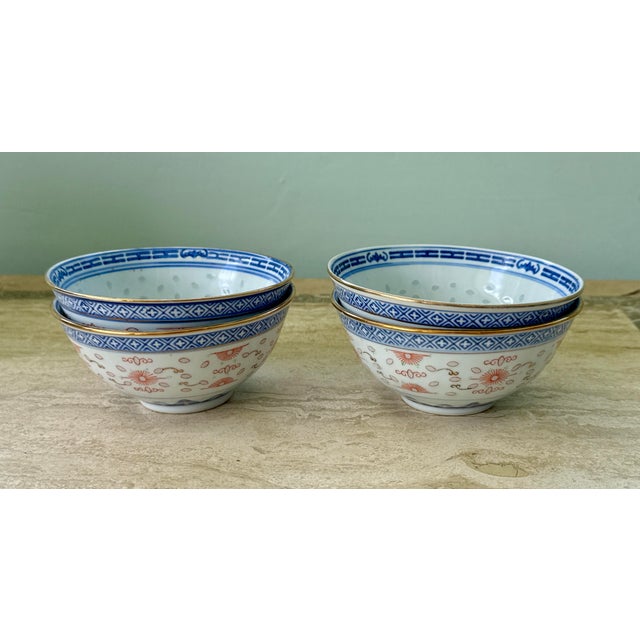 1970s Chinese Porcelain Rice Grain Dragon Gold Gilded Rim 5" Rice Bowls - Set of 4 For Sale - Image 12 of 12
