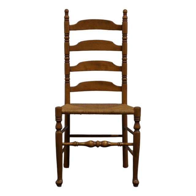 Ethan Allen Heirloom Nutmeg Maple Colonial Early American Ladderback Dining Side Chair W. Rush Seat 10-6050 For Sale