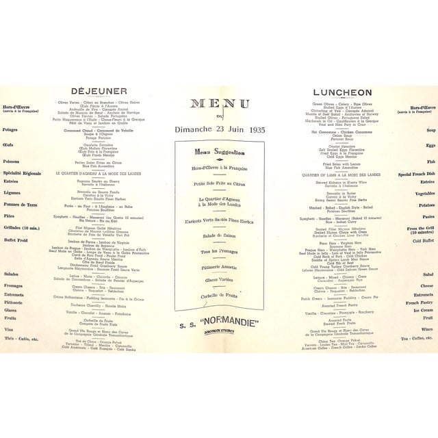 1930s s.s. "Normandie" Set of 10 C1935 Transatlantique Menus For Sale - Image 5 of 12