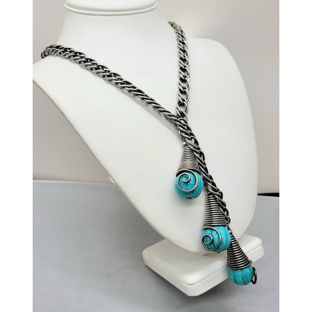 Turquoise Vintage Signed Napier Book Piece Modernist Silvertone Faux-Turquoise Pendants Necklace For Sale - Image 8 of 8