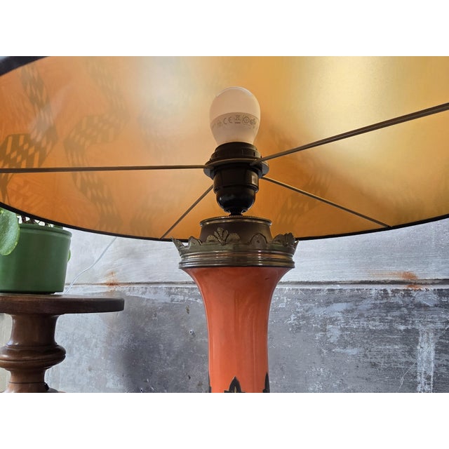 Large Antique Porcelain Lamp in Orange with Art Deco Shade For Sale - Image 4 of 14