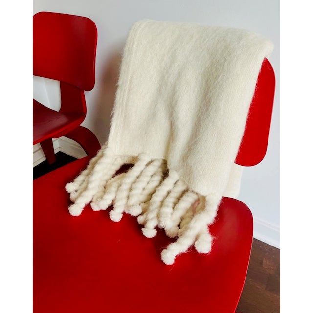Plush Alpaca Throw Blanket With Braided Tassel Fringe - Vanilla | Made in Peru For Sale - Image 4 of 9