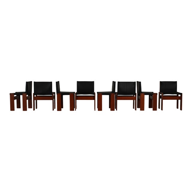 Mid-Century Modern Vintage Monk Chairs in Black Leather and Mahogany by Afra & Tobia Scarpa for Molteni, 1973, Set of 8 For Sale - Image 3 of 18
