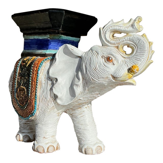 Vintage Boho Glazed Ceramic Elephant Low Stool For Sale