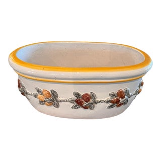 1990s Handmade Italian Glazed Ceramic Oval Planter With Applied Fruit Garland, New For Sale