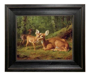 "Doe and Twin Fawns" Contemporary Reproduction Print on Canvas by Arthur Fitzwilliam Tait, Framed 11-1/2" X 13-1/2"