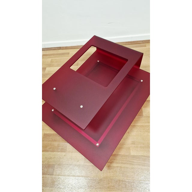 Italian Coffee Table in Burgundy Acrylic Glass and Chrome Wheels, 1990s For Sale - Image 11 of 14
