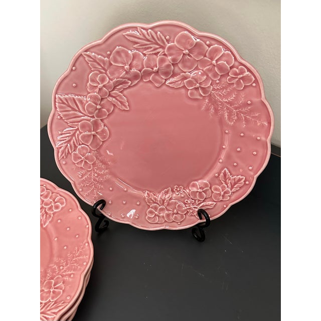 Pink Vintage 1980s Bordallo Pinheiro “Ingrid Pink” Floral Embossed Plates- Set of 4 For Sale - Image 8 of 11