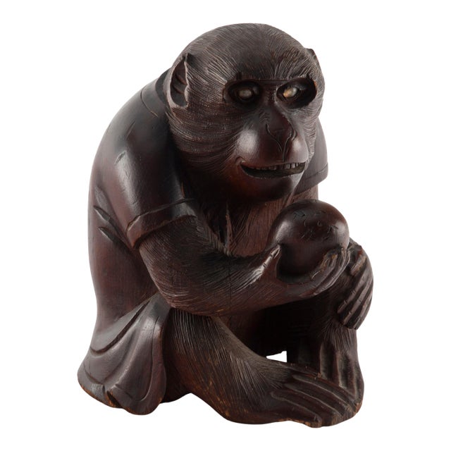 The Watchful Monkey: Early 20th Century Japanese Wood Carving of a Monkey For Sale