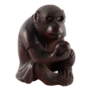 The Watchful Monkey: Early 20th Century Japanese Wood Carving of a Monkey