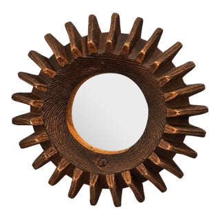 Antique Petite Scale Wooden Cog Mirror / Rustic Petite Scale Sunburst Mirror - Early 20th Century (Attributed) For Sale