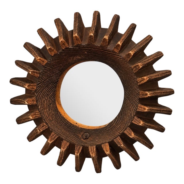 Antique Petite Scale Wooden Cog Mirror / Rustic Petite Scale Sunburst Mirror - Early 20th Century (Attributed) For Sale