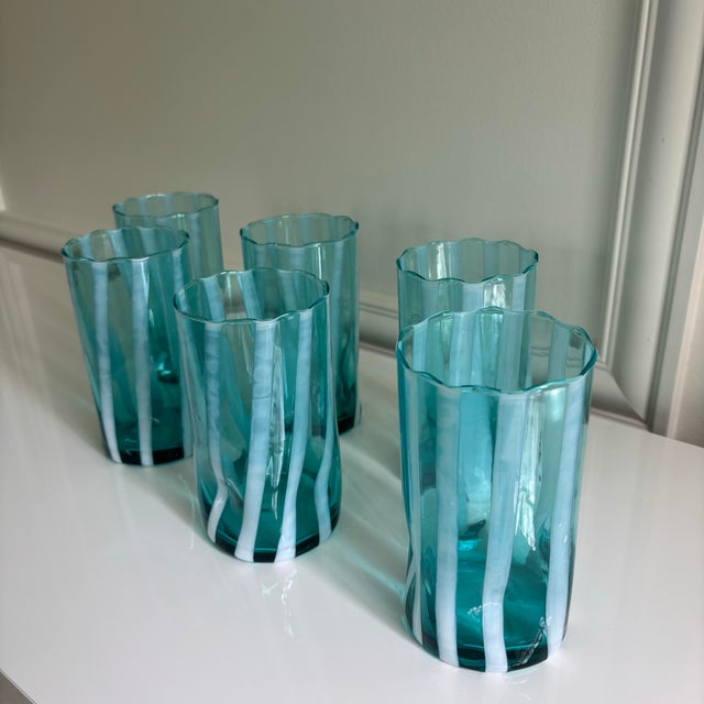 Glass Riviera Blue Striped Italian Murano Glass Tumbler Glasses With Scalloped Rim Set of 6 For Sale - Image 7 of 10