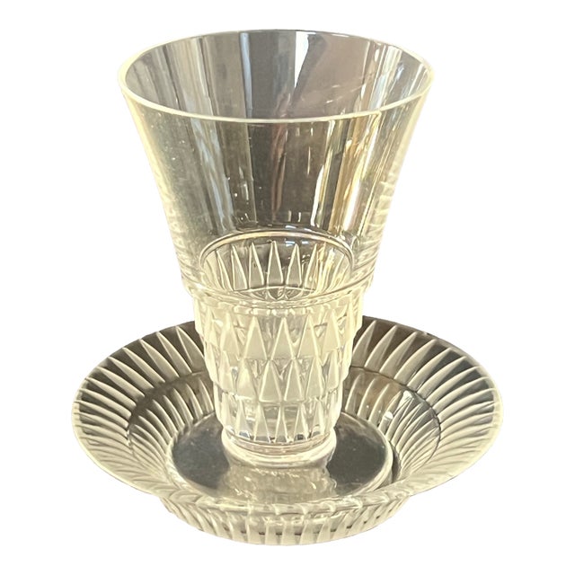 1980s Lalique France Crystal Bourgeil Art Deco Aperitif Glass & Butter Pat For Sale