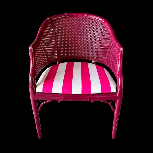 Wood Giorgetti Faux Bamboo Armchair with Striped Bright Pink Cotton by Kaatjes Classics, 1970s For Sale - Image 7 of 7