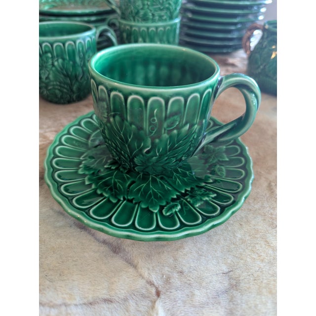 Vintage the Haldon Group Green Majolica Relief Cup & Saucer Set for 8 For Sale - Image 4 of 8