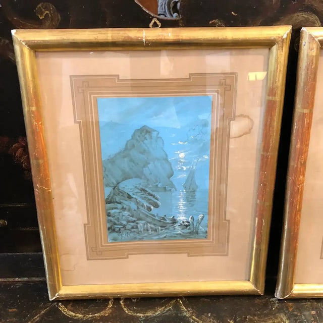 Neapolitan gouaches in a blue paper, signed bottom left, gold painted wood French frames.