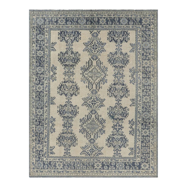 Vintage Oushak Rug in Cream and Blue With Geometric Patterns | Rug & Kilim For Sale