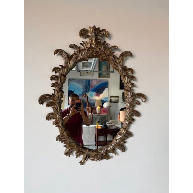 Hollywood Regency 1960s Italian Hollywood Regency Gilt Carved Wood Wall Mirror For Sale - Image 3 of 12
