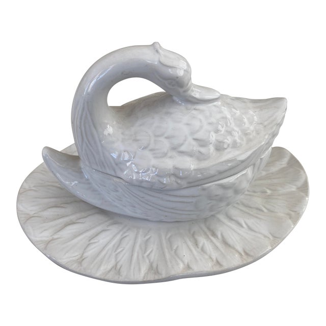 Vintage Blanc De Chine Ceramic Swan Covered Dish For Sale