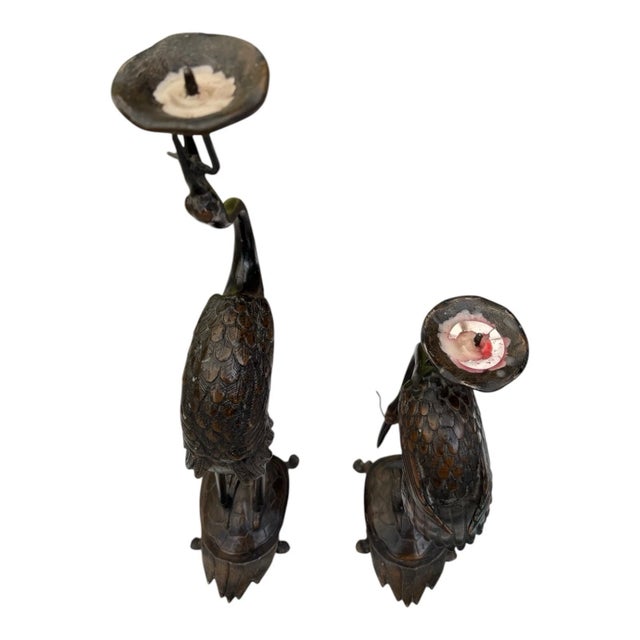 Vintage MCM Cast Iron Crane Heron Candlestick Holders Turtle Base Japan Pair For Sale - Image 9 of 18